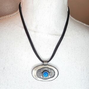 Chicos Silver Necklace Turquoise  Bead Oval Pendant Chain 16” Adjustable Vintage